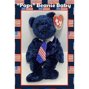 Ty Beanie Baby “ Pops “ July 4th, 2001 Navy Blue Flag Tie‎